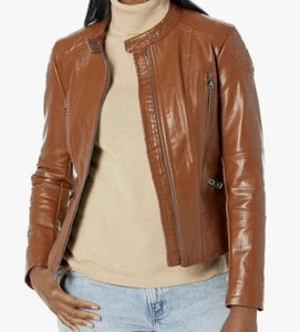 Kenneth Cole Women's Classic Short Moto Faux Leather Jacket  - Picture 1 of 2