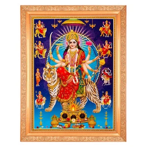 Foto Nav Durga Maa Sherawali Gold Zari Print en marco dorado (11 x 14 pulgadas) - Imagen 1 de 3