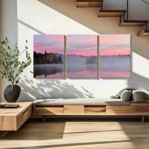 3pcs Lake Misty Forest Pink Sky Sunrise Wall Art Canvas Framed 50x70cm - Picture 1 of 3