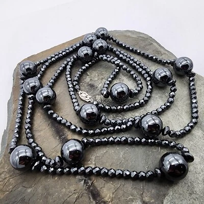 Collar Hematita Lariat Opera 56" Oro Blanco 14k .585 13.7 mm Au 24184 Foto 1 de 4