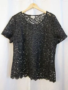 Vintage metallic schwarz Guipure venezianische Spitze Top Bluse Kurzarm Damen Gr. L XL - Bild 1 von 5
