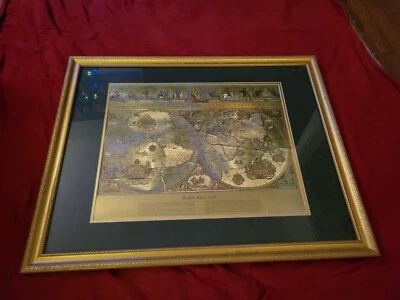 VINTAGE FRAMEDGOLD FOIL BLAEU WALL MAP OLD & NEW WORLD 30" X 24" - Image 1 of 4