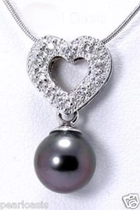8.45MM Black/Red Tahitian Pearl Diamond Heart Pendant; 14K White Gold, NEW - Picture 1 of 3