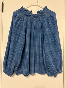 J Crew #BD319 Popover-Shirt Oberteil Bluse Damen blau indigo kariert gesmokter Ausschnitt L - Bild 1 von 10