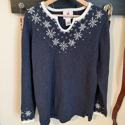 VTG Quacker Factory Snowflake Embellished Winter Cotton Blend Sweater Beaded Med - Image 1 of 4