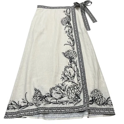 Maxi Falda Max Studio Para Mujer S Marfil Mezcla de Lino Imitación Envoltura Negra Borde Floral Foto 1 de 4