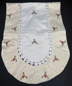 Stickerei Läufer, Mantel Kommode Schal beige weiß rot Stechpalme Beeren 42x15 - Bild 1 von 4