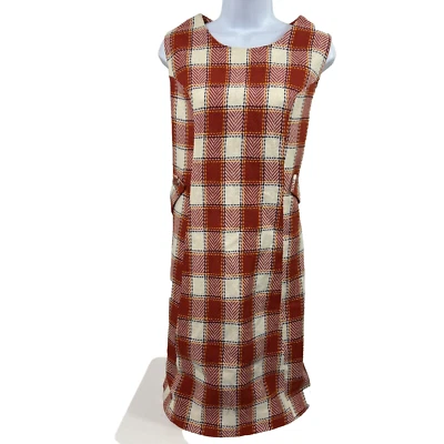 Vestido Vintage Años 70 Hecho a Mano Mediano Línea A Rojo Cuadros Tweed Sin Mangas Hasta la Rodilla Foto 1 de 4