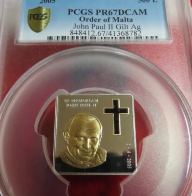 2005 PCGS PR69 Malta Christian .999 Gold Gilded Silver 10 Lira Pope John Paul - Image 1 of 4