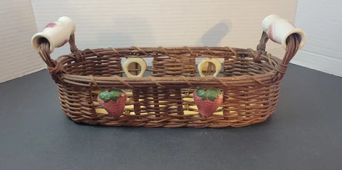 Basket Woven Wicker Ceramic Handles Strawberries Cottage Farmhouse bread basket Cover
