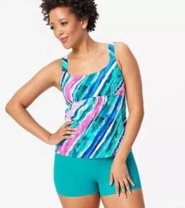 Nuevo sin etiquetas Trajes de baño para todos Kim Gravel Teal Rayas Tankini y conjunto corto talla 28W - Imagen 1 de 4