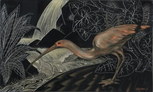 Pink Ibis in Front of Waterfall Gaston Suisse 1932 Art Deco Exotic Bird Decor - Picture 1 of 2