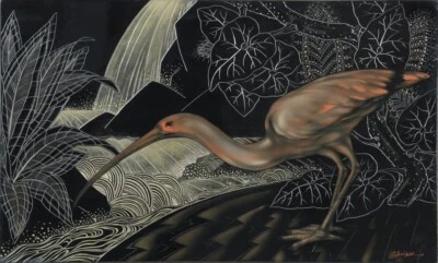 Pink Ibis in Front of Waterfall Gaston Suisse 1932 Art Deco Exotic Bird Decor - Image 1 of 2