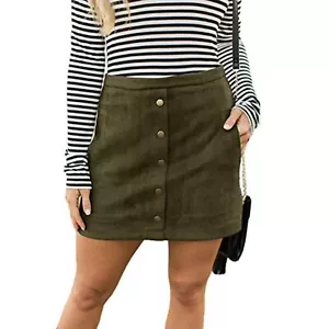 Button Front Army Green Faux Suede High Waist A-line Mini Skirt with Pocket Sz S - Picture 1 of 6