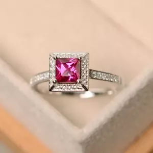 Pink Ruby Women Ring Lab Created Princess Cut Gemstone 925 Sterling Silver Ring - Picture 1 of 5