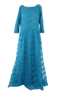 Maxi Lace Dress Blue Fit Flare Waisted Sheer Back Special Occasion Size UK 12 - Picture 1 of 10