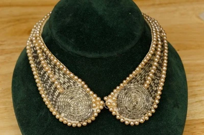 Vintage Ladies Collar Hand Made in Japan Faux Pearl Silver Beads Satin Back - Image 1 of 4