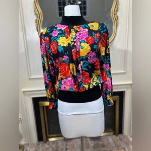 Vintage Leslie Fay Floral Blouse Sz 14 Mock Neck Puff Sleeve Shoulder Pads - Picture 1 of 13