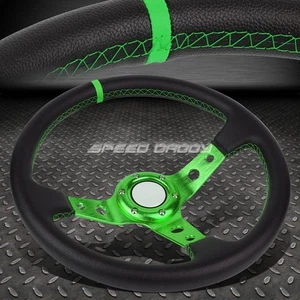 350MM 3" DEEP DISH 6-BOLT GREEN VINYL LEATHER ALUMINUM RACING STEERING WHEEL - Picture 1 of 5