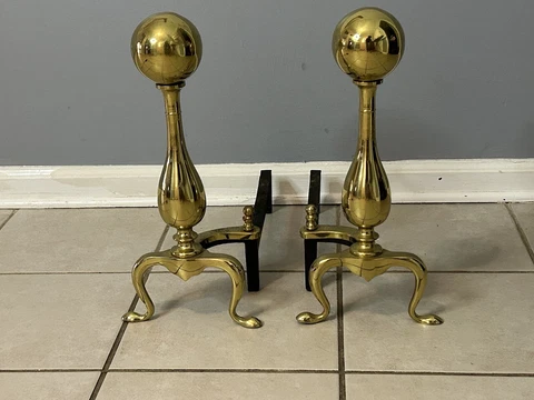 Vintage  Brass Ball Top Fireplace Andirons Fire Dogs Cover