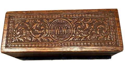 Antique Wheeler & Wilson Sewing Machine Wooden Dovetailed Box Carved Oak Lid Cover
