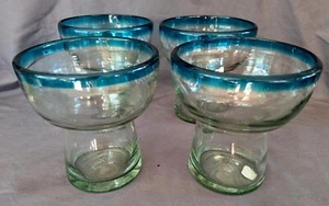 Unique Hand Blown Large Mexican Margarita Glass Set Cobalt Blue 4 Turquoise Blue - Picture 1 of 12