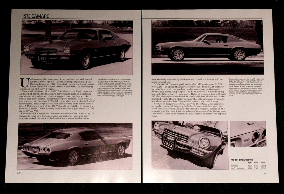 1973 Chevy Camaro Spec Sheet Info Photo Print 73 RS 396 Z28 Z/28 350 307 SS - Image 1 of 1