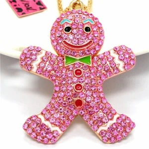 Lindo collar de diamantes de imitación rosa pan de jengibre hombre con pajarita colgante dama mujer - Imagen 1 de 2