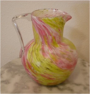 European Victorian Pink Yellow Swirl Spatter Art Glass Pitcher - Picture 1 of 2