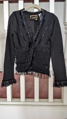 Guess Black Sequins Mesh Bead Ruffle Fur Cardigan Girls 16 XL Like New Condition - Image 1 of 4