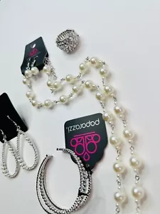 Schmuck Set Paparazzi Halskette 2 Ohrringe Armband Ring Silber Weiß Perle - Bild 1 von 24
