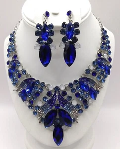 JEWELRY SET- Luxury Rhinestone Blue Statement Necklace and Earrings Set - Picture 1 of 5