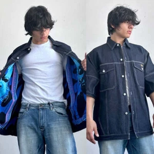 Men’s Pelle Pelle Dark Blue Short Sleeve Denim Jacket NWT - Picture 1 of 9