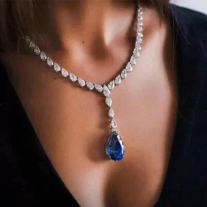 51Ctw Pear Blue Sapphire & Diamond 14k White Gold Plated Wedding Tennis Necklace - Picture 1 of 8