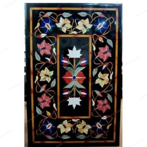 Rectangle Black Marble Pietra Dura Dining Table - Handmade Stone Inlay 60"x36" - Picture 1 of 5
