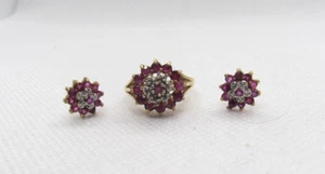 Estate 10k yellow gold  genuine ruby and diamond ring and earring set sz4 - Picture 1 of 2