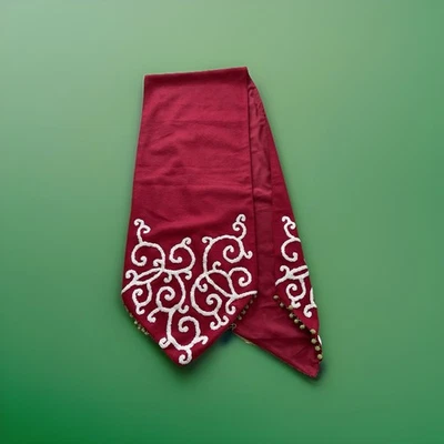 Christmas Table Runner Red Wool White Scroll Style with Pom Pom Green Trim 92” - Image 1 of 4