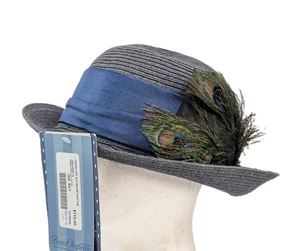 Beau Chapeau Damen Stroh Flapper Cloche Hut mit Pfauenfeder Navy Neu - Bild 1 von 24
