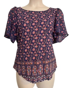 Lucky Brand Blouse Size XL Print NWT Flutter Sleeve $60 Shirt Top Blue Pink - Picture 1 of 8