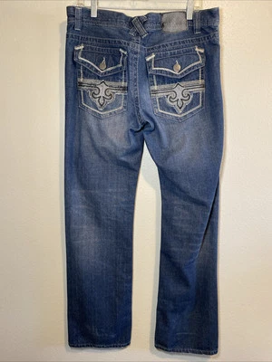 Pantalones de mezclilla para hombre Xtreme Couture azules lavado medio talla 34x34 punto grueso bordado  Foto 1 de 4