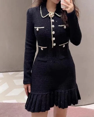 Nuevo vestido de punto con hebilla de diamante de manga larga autorretrato para mujer otoño invierno Foto 1 de 4