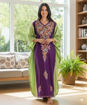 Maxi caftán de mujer Cachemira doble sombra verde neón magenta bordado L-54" Foto 1 de 4