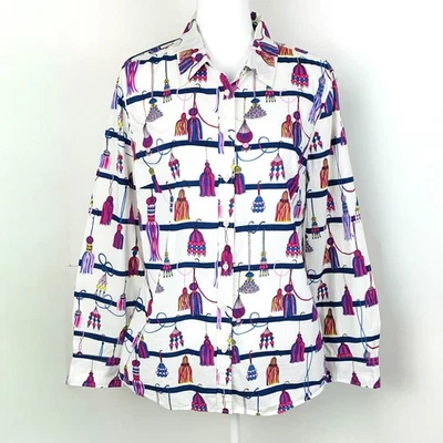 Blusa Talbots Mujer L Botón Borla Novedad Estampado Blanco Algodón Ligero Foto 1 de 4