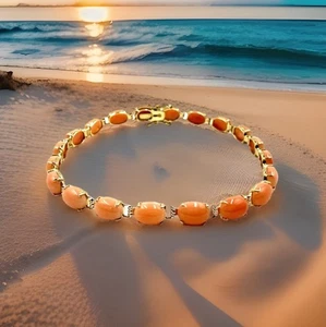 Rare 14k Gold Cabochon Cut Natural Coral Gemstone 7.5in Prong Tennis Bracelet - Picture 1 of 8