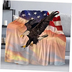 Fleece Throw Blanket 50"x60", Soft Cozy Warm Fuzzy 60"x50" Eagle American Flag - Picture 1 of 8