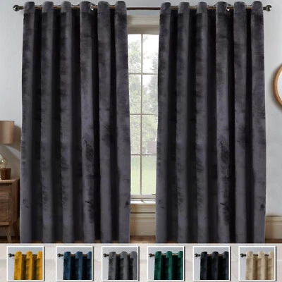 Thick Velvet Curtains Blackout Eyelet Ring Top Curtains Ready Made Fully Lined - Image 1 of 4