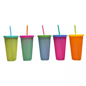5 Pack Color Changing Blank 24 Oz Reusable Plastic Cold Cup With Straw And Lid - Picture 1 of 9