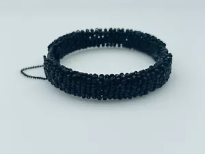 Miriam Haskell Vintage Black Glass Beaded Bangle Bracelet - Picture 1 of 9