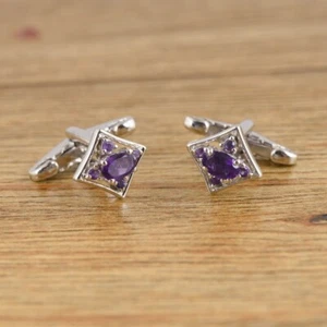 Oval Natural Purple Amethyst Gemstone Silver Dainty Men's Cufflinks Gift for Dad - Picture 1 of 3