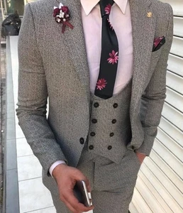 Designer Business Beige Gessato Abito Maschile Giacca Pantaloni Gilet Arredata - Foto 1 di 5